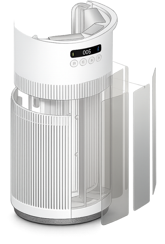 AirNest air purifier in a modern living room setting showing its compact, minimalist design