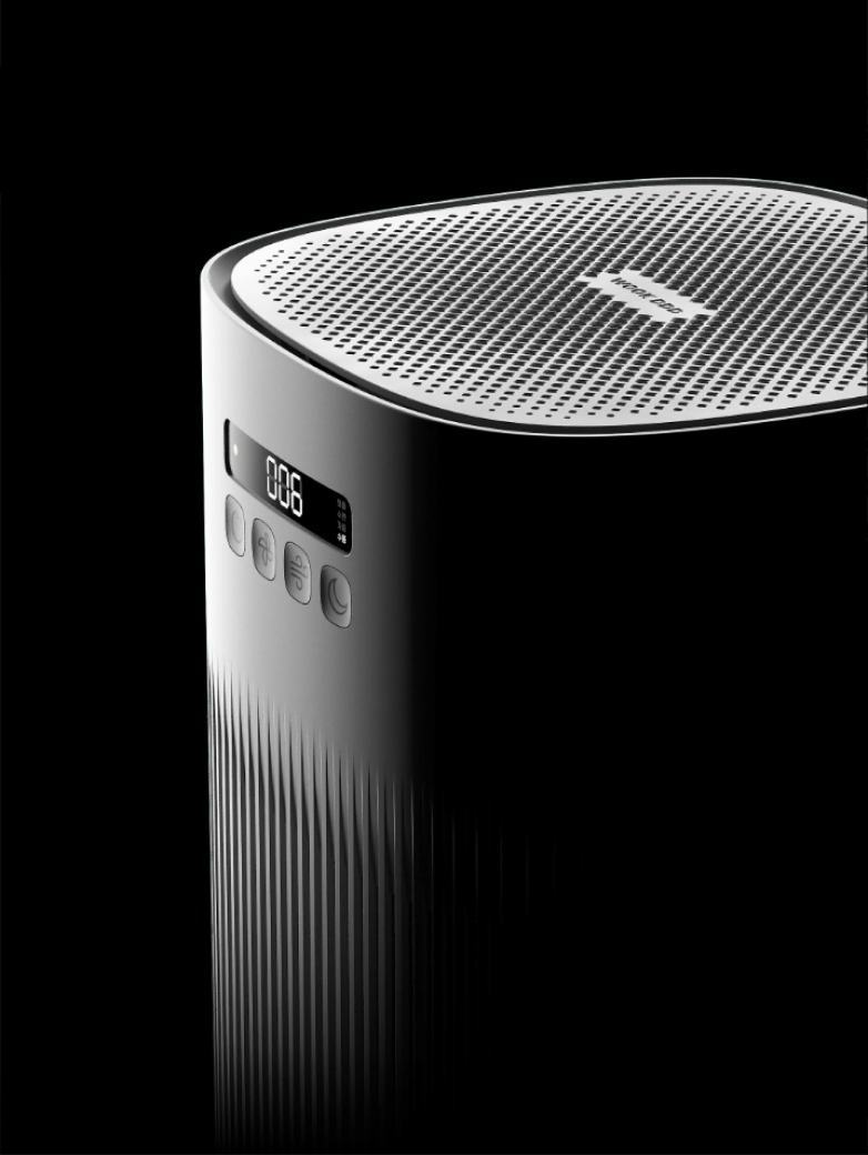 Close-up of AirNest 3-stage filtration layers showing pre-filter, HEPA, and activated carbon layers