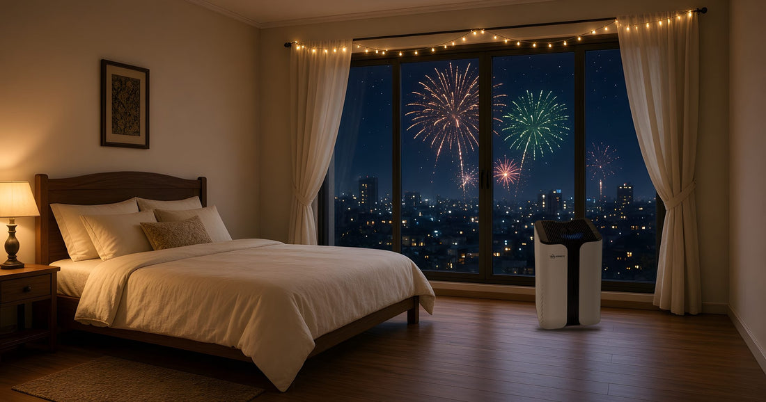 Airnest Core air purifier by a closed bedroom window on Diwali night, with fireworks over the city outside