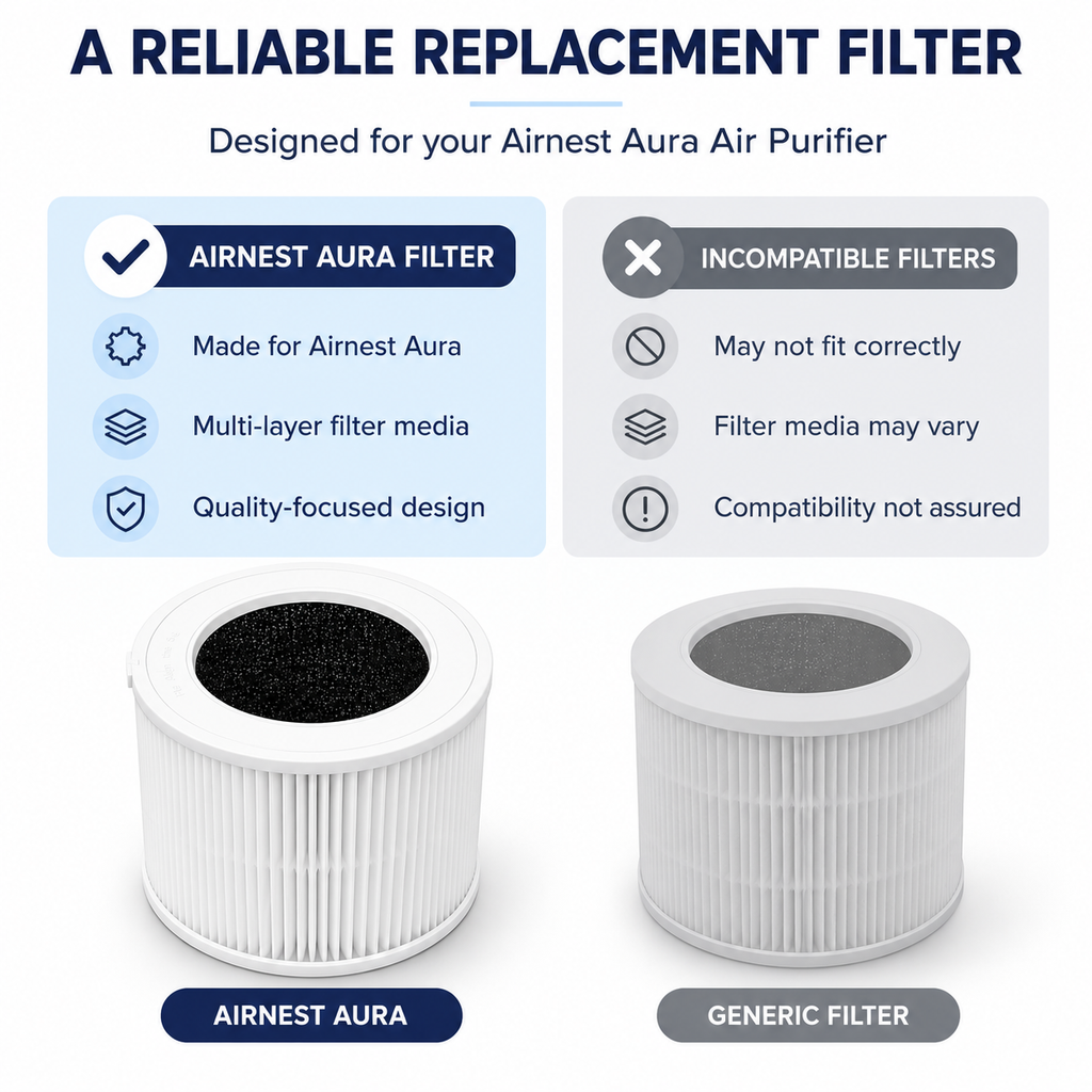 Airnest Aura replacement filter compared with a generic filter, designed for the Airnest Aura air purifier