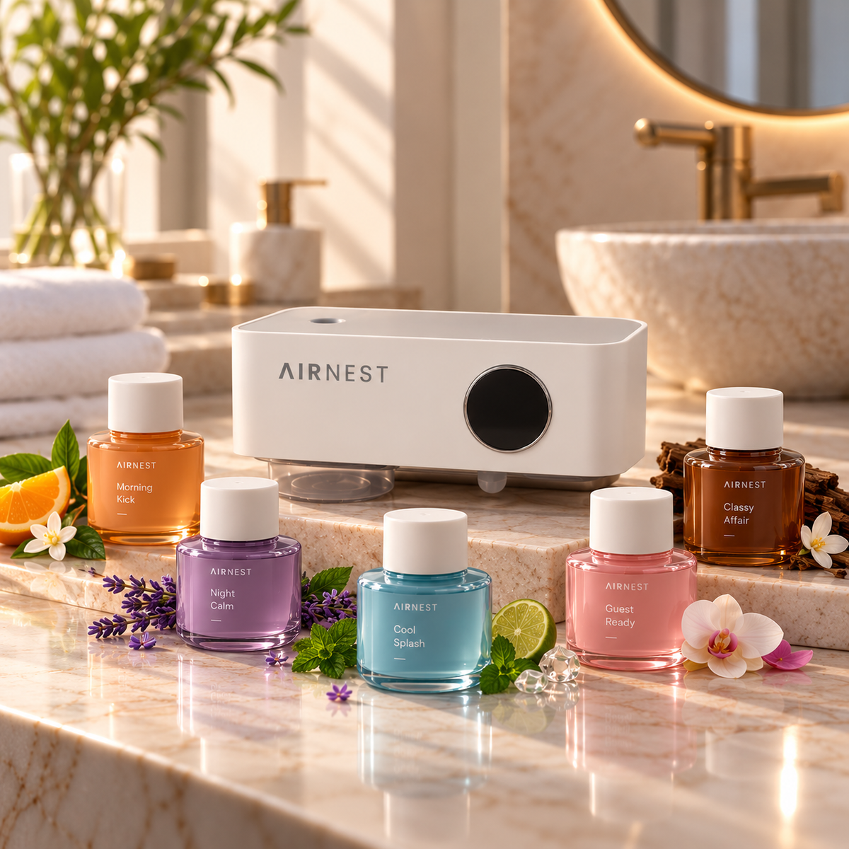 Airnest washroom fragrance combo: smart wall diffuser with all 5 fragrance refills