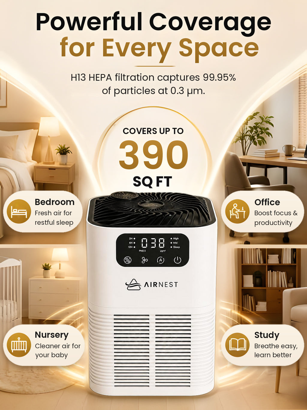 White Airnest Aura H13 HEPA air purifier with PM2.5 display, which captures 99.95% of particles at 0.3 µm and covers rooms up to 390 sq ft, shown with bedroom, nursery, office and study scenes