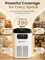 White Airnest Aura H13 HEPA air purifier with PM2.5 display, which captures 99.95% of particles at 0.3 µm and covers rooms up to 390 sq ft, shown with bedroom, nursery, office and study scenes