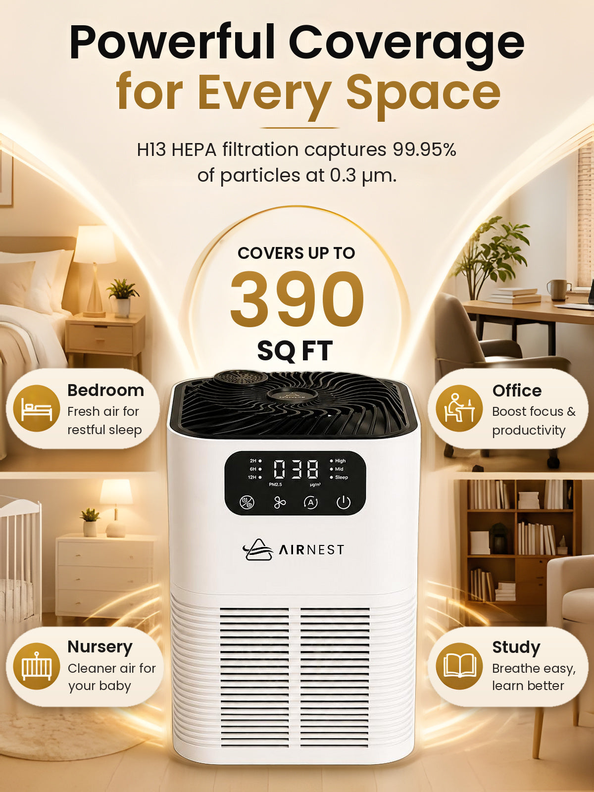 White Airnest Aura H13 HEPA air purifier with PM2.5 display, which captures 99.95% of particles at 0.3 µm and covers rooms up to 390 sq ft, shown with bedroom, nursery, office and study scenes